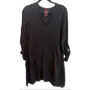 Johnny Was Black Embroidered Eyelet Tunic Dress Small Boho Hippie Festival Gypsy
